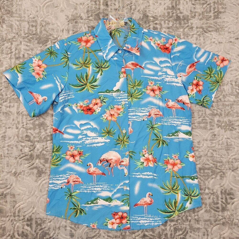 SSLR Shirt Women's Small Blue Hawaiian Flamingo Tropical Button Down NEW